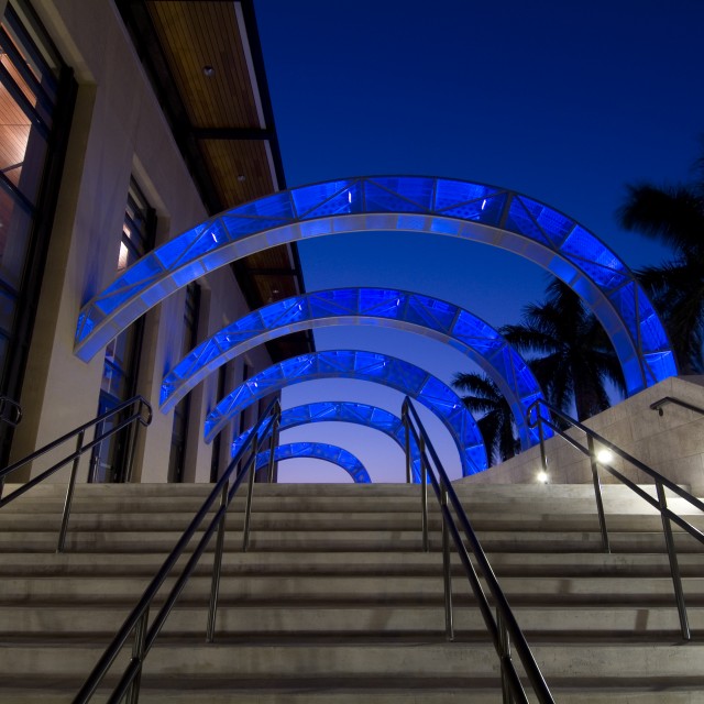 Exterior photo of the patio outside the ballroom and WAVE from the top of the staircase facing the south