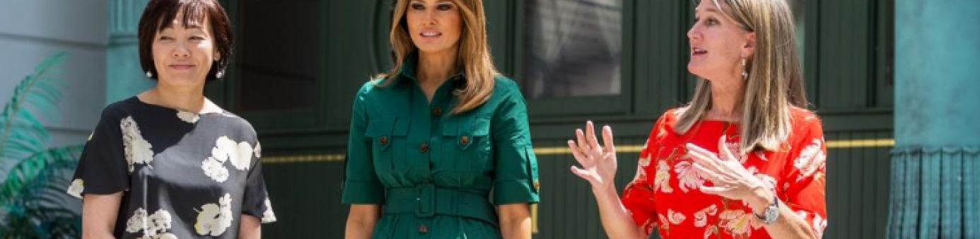 Flagler Museum Executive Director Erin Manning, right, gives a tour of the Pavillon to first ladies Melania Trump, center, and Akie Abe of Japan, during a tour in 2018. (Greg Lovett/ Daily News File Photo)