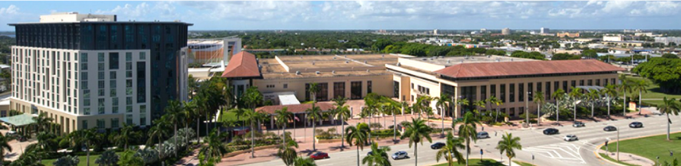 Overhead shot of the convention center and Hilton