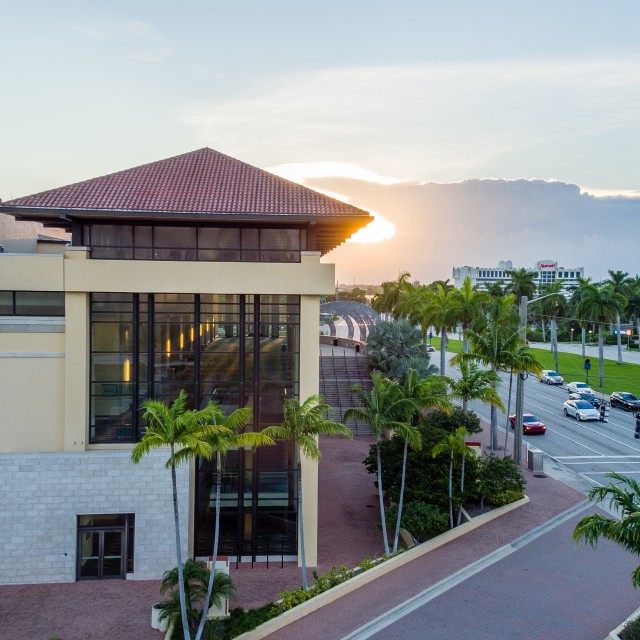 Photo of the Convention center west side view with sunset in the back