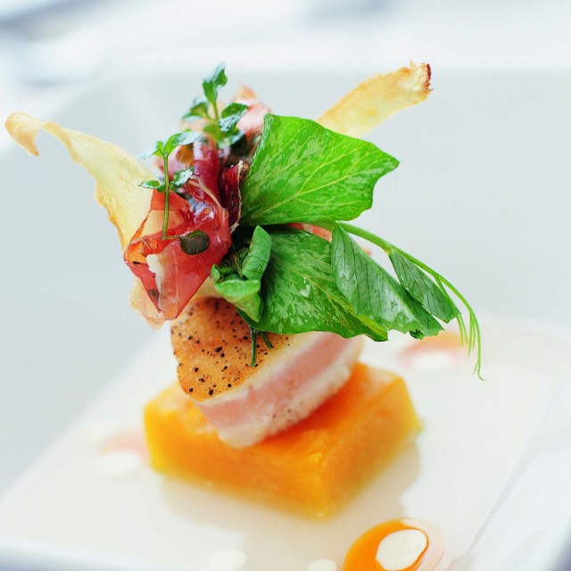 Food Photo of a seared white fish over a mango square with a bouquet of greens and a prosciutto roll across the top with yucca chips.